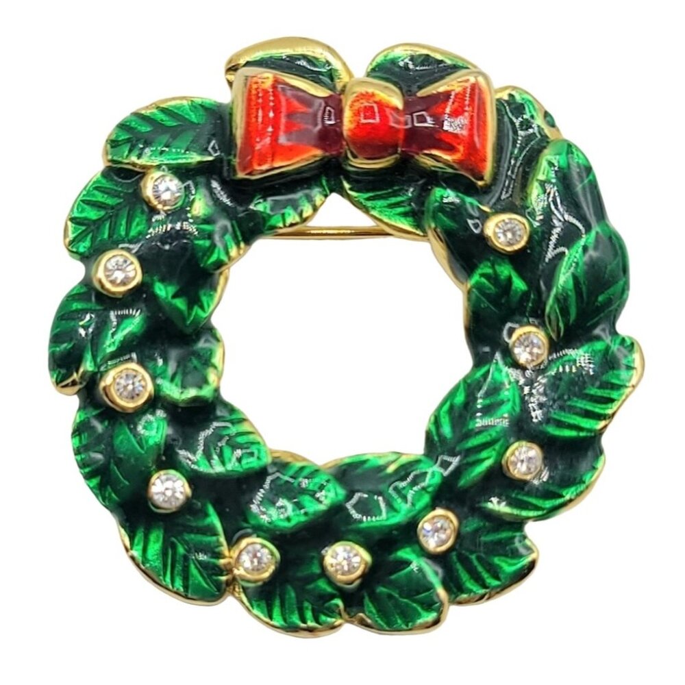 LIA Green Red Enamel Clear Rhinestone Christmas Wreath Brooch, Signed